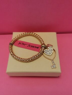 Betsey Johnson Rose Gold Crystal Heart Key Charm Bracelet